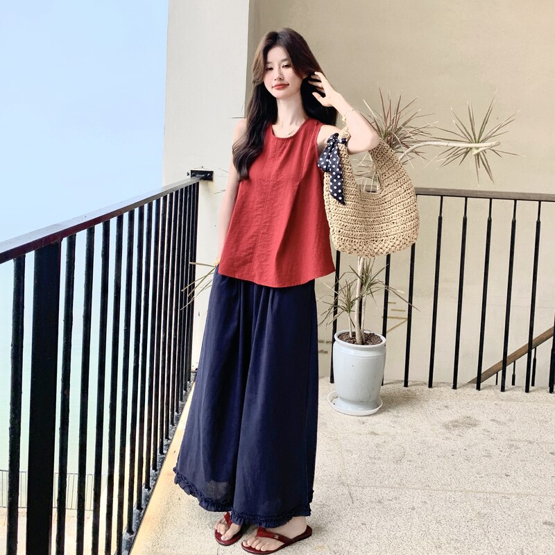 2025夏季新款韩版时尚气质百搭显瘦无袖背心+阔腿裤两件套装女,女装套装/套裙,2C215