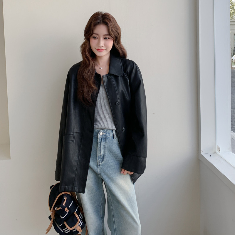 复古翻领黑色PU皮衣外套女2025春秋季新款高级感宽松休闲显瘦夹克,女装皮衣,2C225