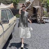 蓝色条纹背心裙夏季女2024新款法式宽松设计感撞色拼接长款连衣裙，女装连衣裙，2C112