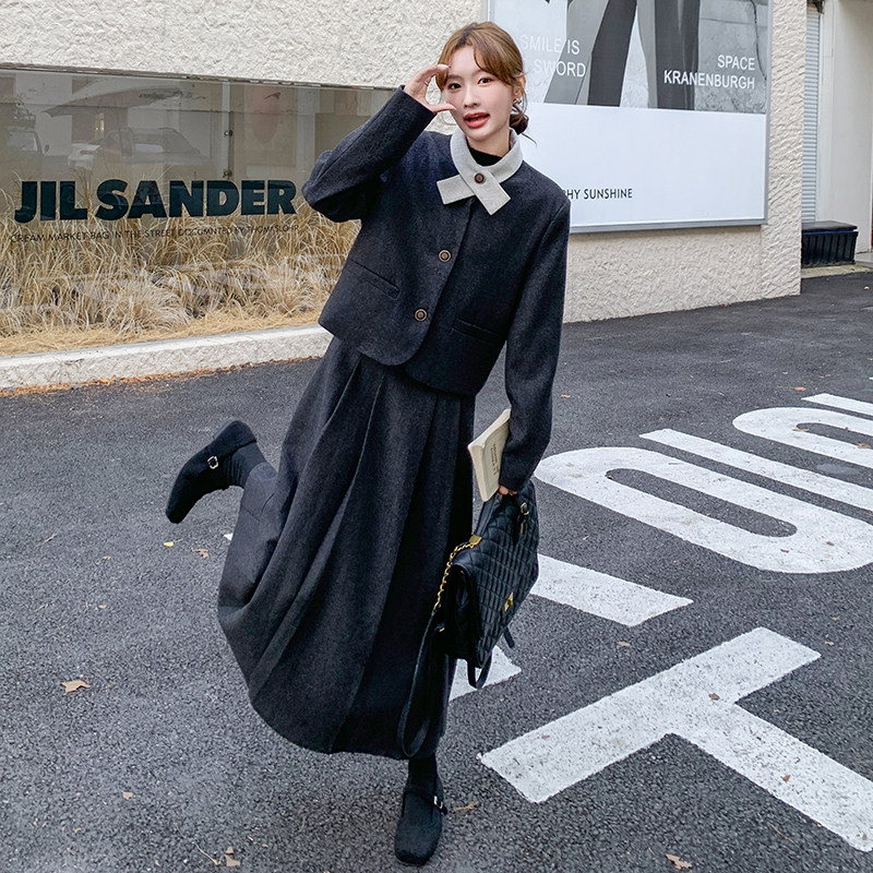 灰色小香风毛呢连衣裙套装女秋冬2024新款设计感马甲长裙子两件套,女装套装/套裙,2C203