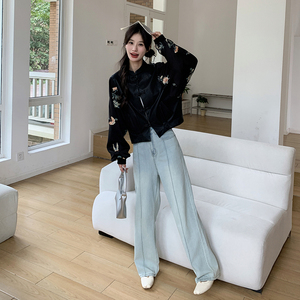 新中式风刺绣黑色PU皮衣外套女2025春秋季新款显瘦短款夹克上衣图片