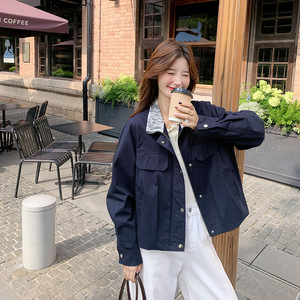 藏青色复古设计感蕾丝拼接外套女2025秋新款韩系休闲减龄百搭夹克图片