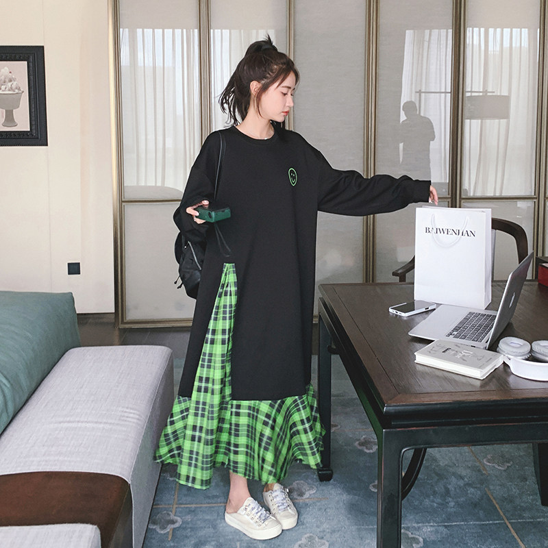 印花格纹撞色拼接黑色连衣裙女2025夏季新款宽松长款裙子韩版休闲,女装连衣裙,2C069