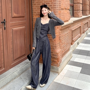 韩系气质通勤休闲风开衫套装女2026秋季新款吊带牛仔阔腿裤三件套图片