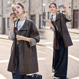 皮衣外套女2025秋季新款气质格纹腕袖中长款上衣，女装皮衣，英标秀（1C119）