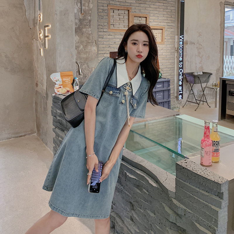 独特漂亮翻领牛仔连衣裙女夏2025年新款超好看高级感减龄休闲长裙,女装连衣裙,2C050