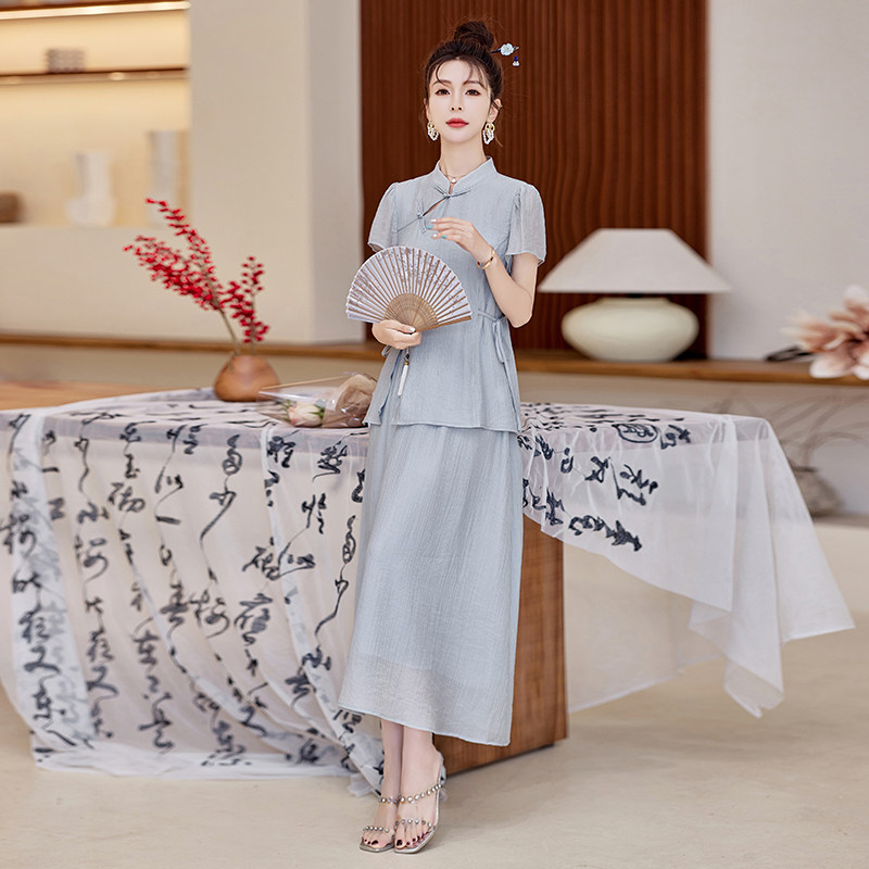 现货！24夏装新款新中式风套裙纯色盘扣裙子套装女,女装套装/套裙,衣珂纱朗