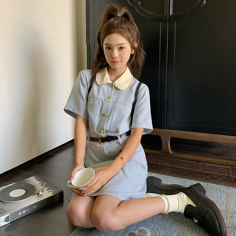 浅蓝色娃娃领小香风连衣裙女2025夏季新款别致惊艳收腰显瘦短裙子,女装连衣裙,2C122