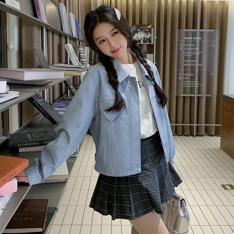 浅蓝色复古翻领PU皮衣外套女2025春秋季新款韩版减龄休闲夹克上衣,女装皮衣,2C233