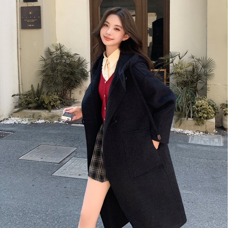 现货2025新款连帽气质双面羊毛大衣,女装毛呢外套,1D066-1
