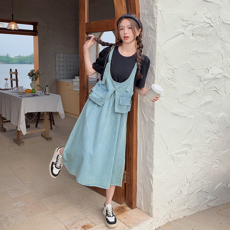 法式假两件拼接牛仔连衣裙女2025夏季新款韩版收腰显瘦气质长裙子图片