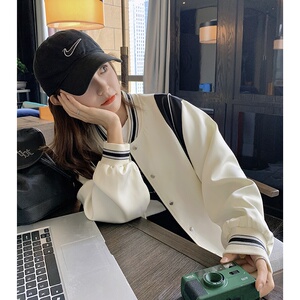 美式复古休闲白色棒球服外套女春季2024新款小个子高级感夹克上衣图片
