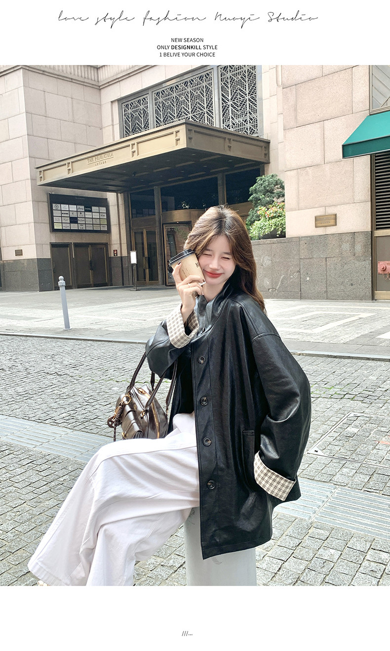 黑色韩版格子拼接翻袖皮衣外套女2025秋季新款中长款潮酷pu皮夹克,女装皮衣,2C291