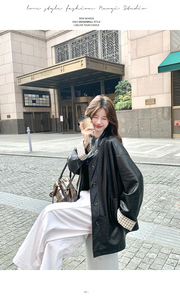 黑色韩版格子拼接翻袖皮衣外套女2025秋季新款中长款潮酷pu皮夹克图片