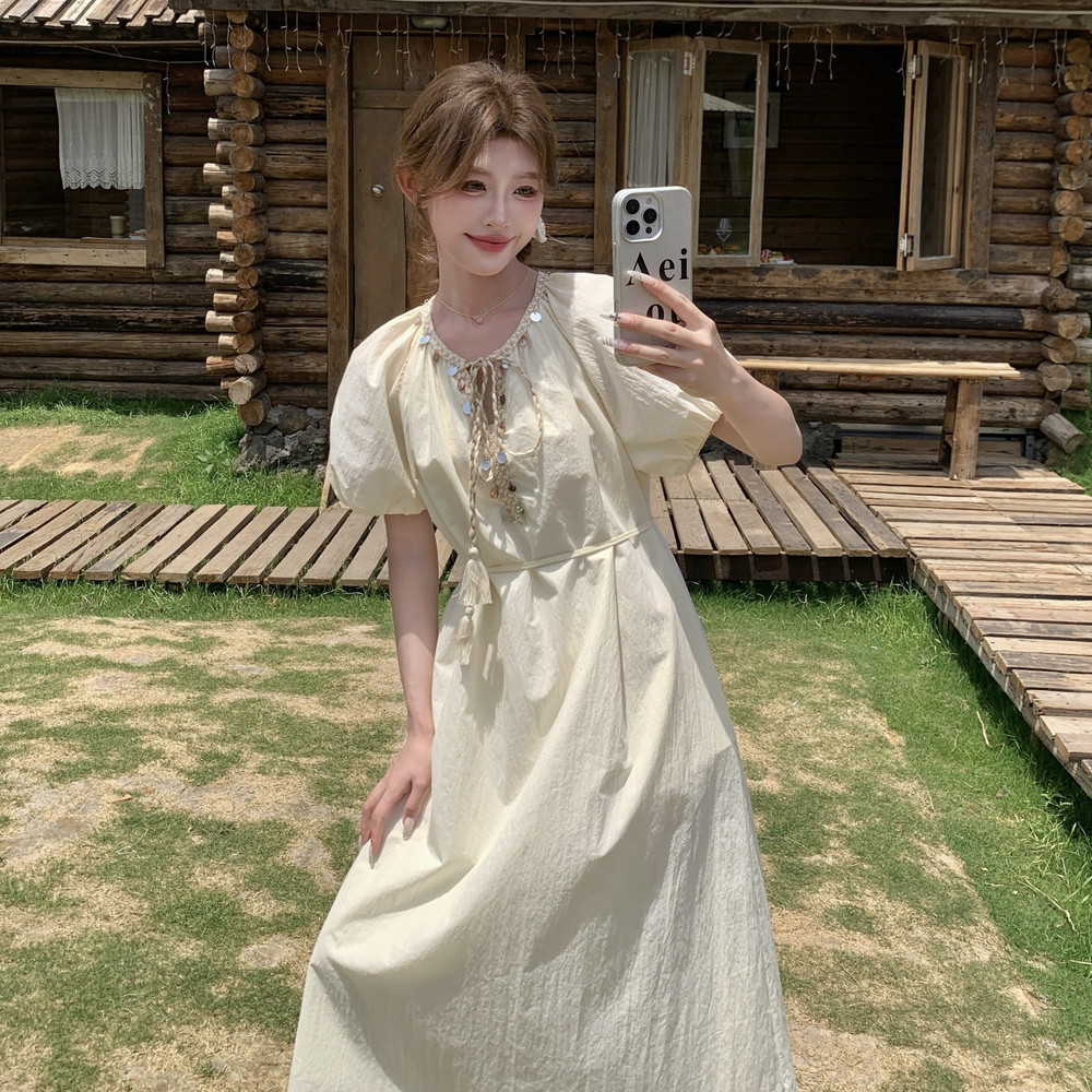 夏季新品小个子系带亮片泡泡袖连衣裙2C259-7729-P135-K198,女装连衣裙,2C259