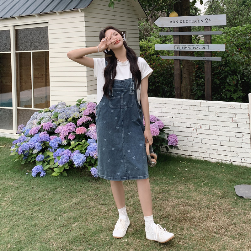 学院风碎花牛仔背带裙女夏薄款新款洋气减龄小个子休闲显瘦连衣裙,女装套装/套裙,2C266