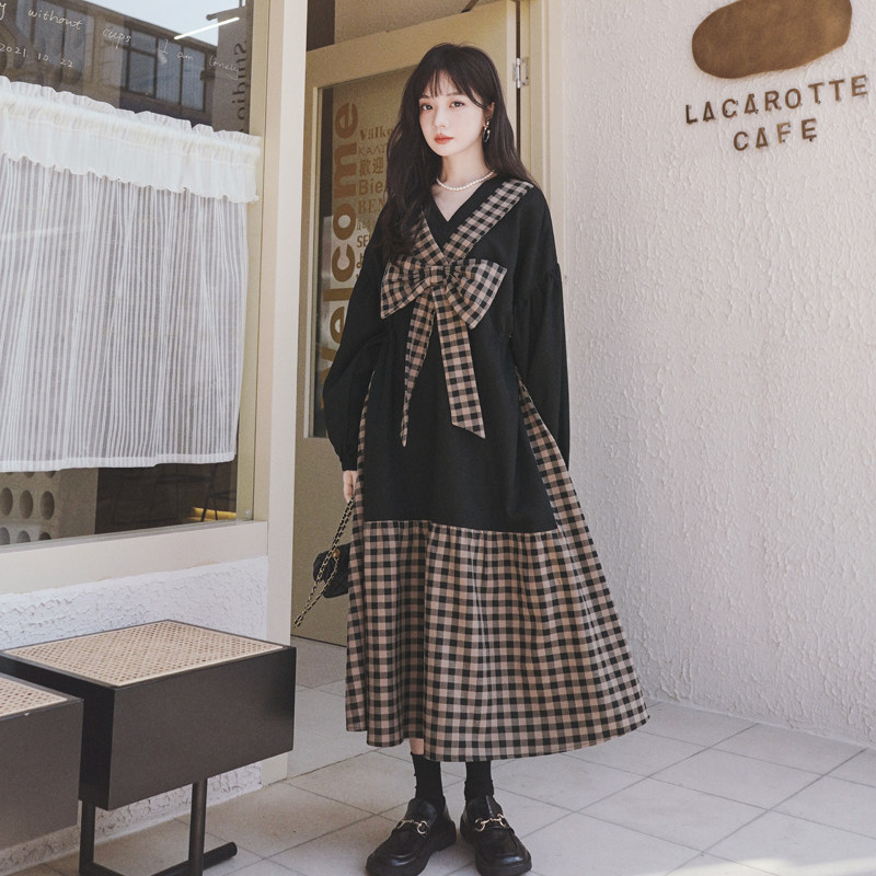 【24春】咖啡格子大蝴蝶结连衣裙2C069-8512-P125K178,女装连衣裙,2C069