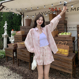 粉色个性印花衬衫两件套女2025夏季新款时尚气质松紧腰短裤套装潮，女装套装/套裙，2C353