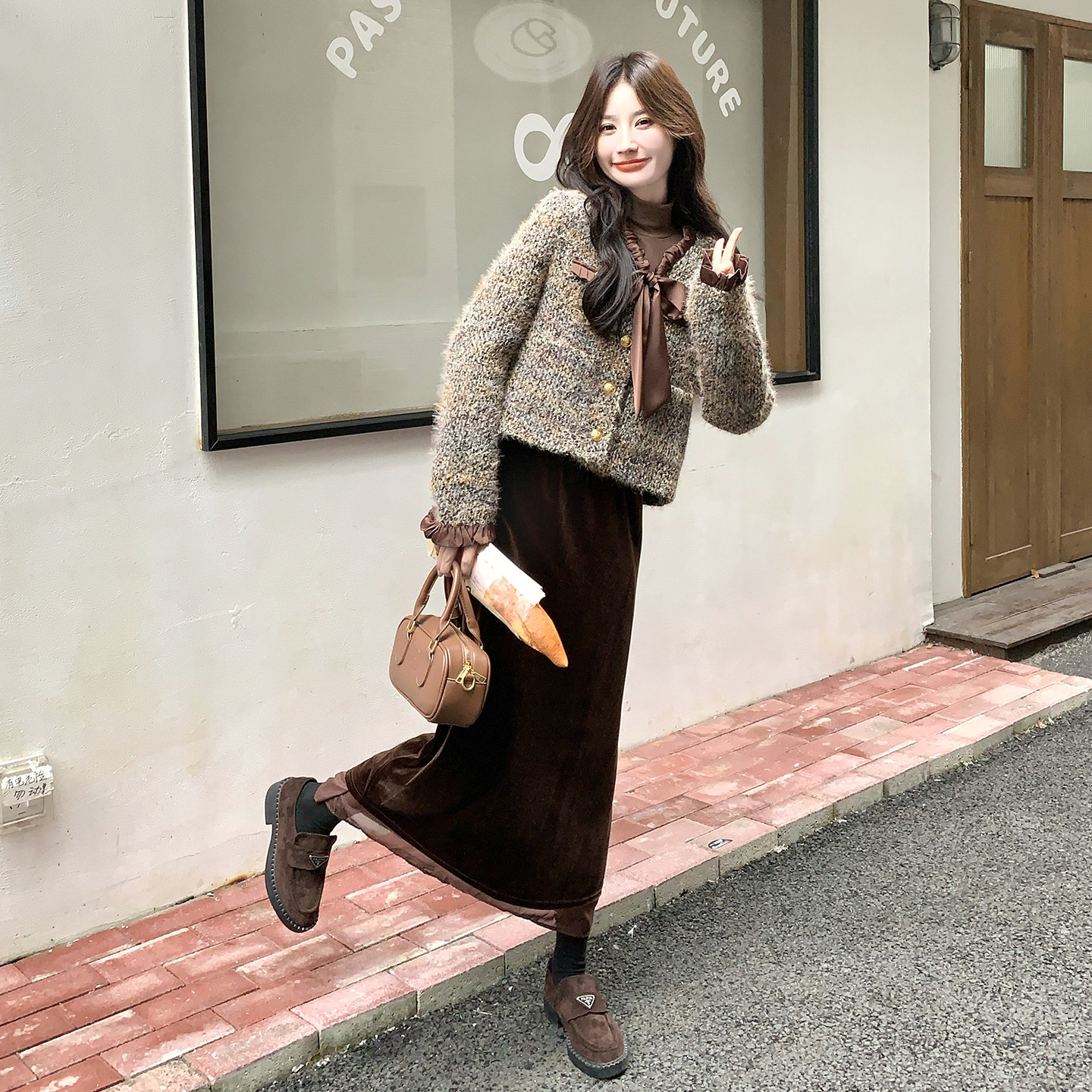 法式气质小香风套装裙女2025秋季新款粗花呢外套丝绒半身裙两件套,女装套装/套裙,2D078