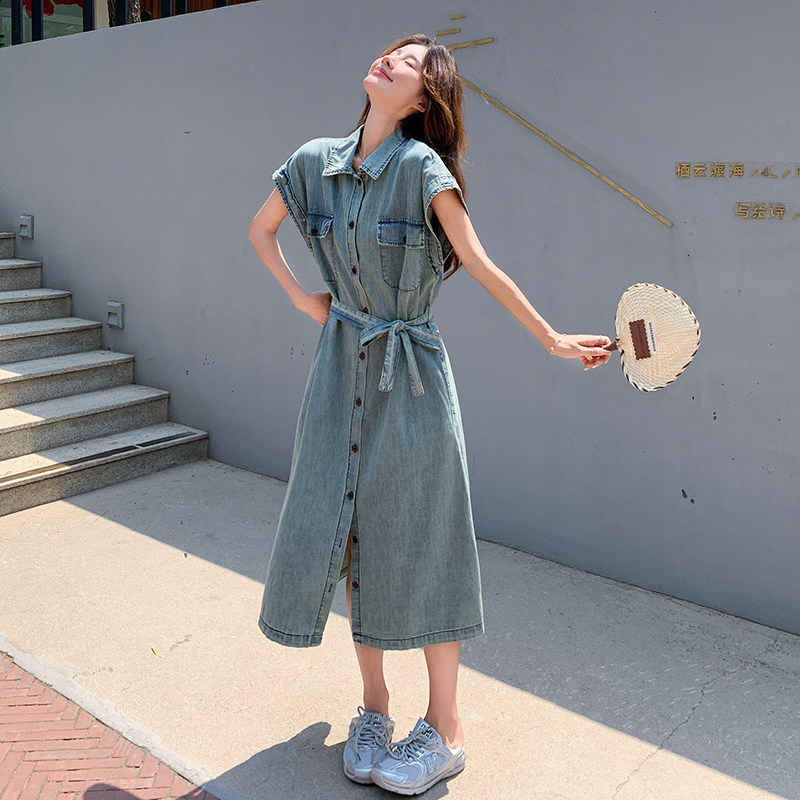 牛仔连衣裙女2025夏季高级感气质宽松显瘦韩系休闲直筒衬衫长裙子,女装连衣裙,2C166