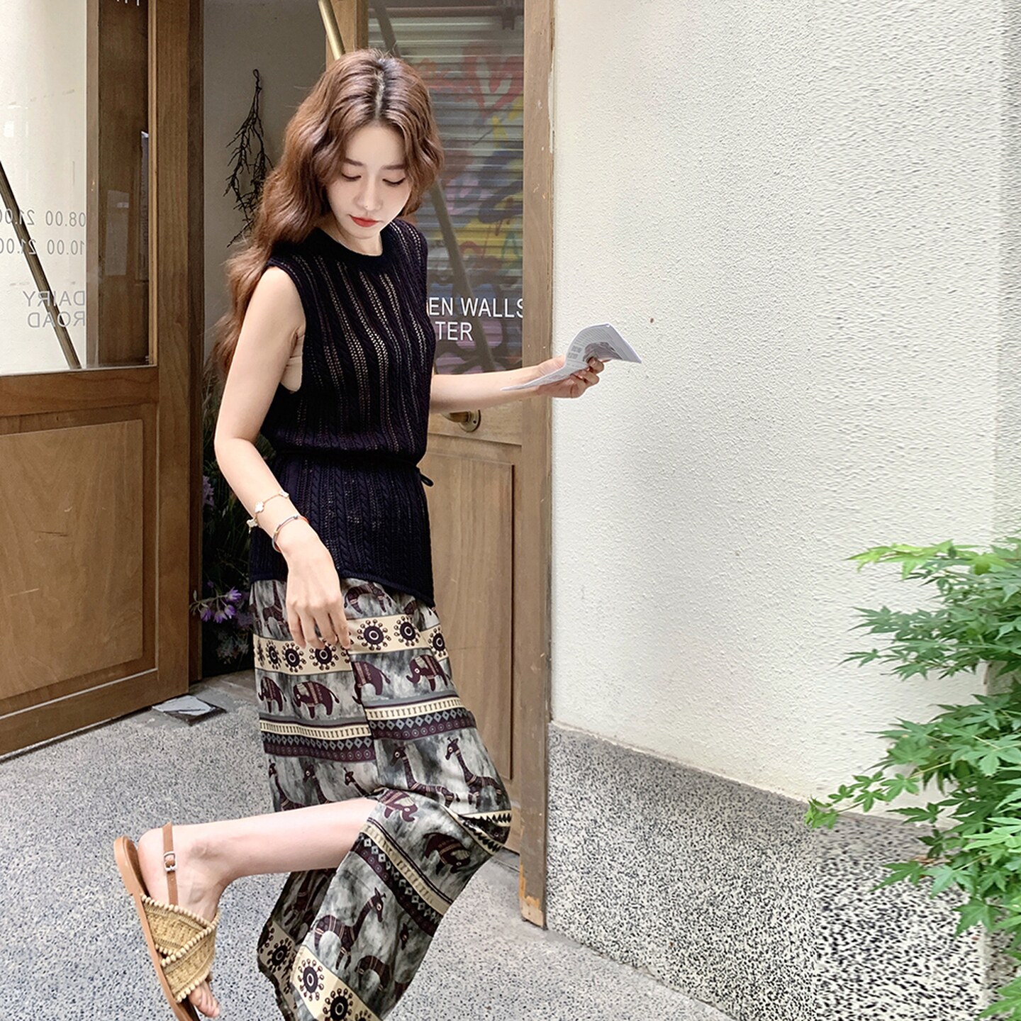 黑色针织镂空无袖背心套装裙女2025夏季法式复古印花半身裙两件套,女装套装/套裙,2C166