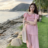 粉色温柔系甜美一字领吊带上衣套装女夏新款时尚洋气半身裙两件套，女装连衣裙，2C327