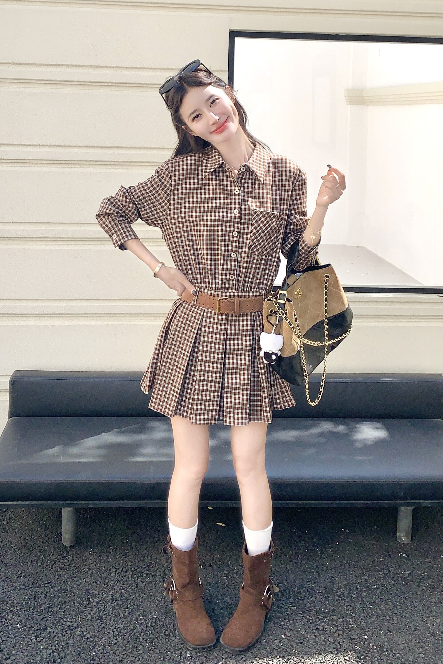 学院风格子衬衫套装女2025秋季新款韩系小个子气质减龄短裙两件套,女装套装/套裙,2C012
