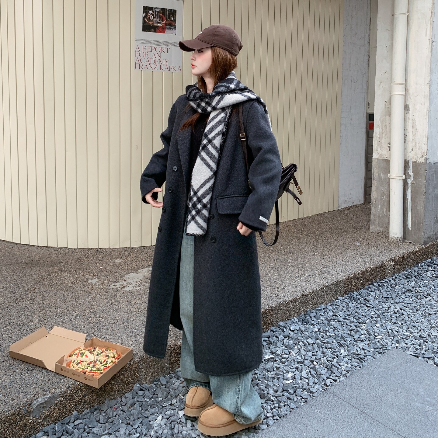 深灰色翻领双面羊绒大衣女2025冬季新款韩版高级感双排扣毛呢外套,女装毛呢外套,2D145