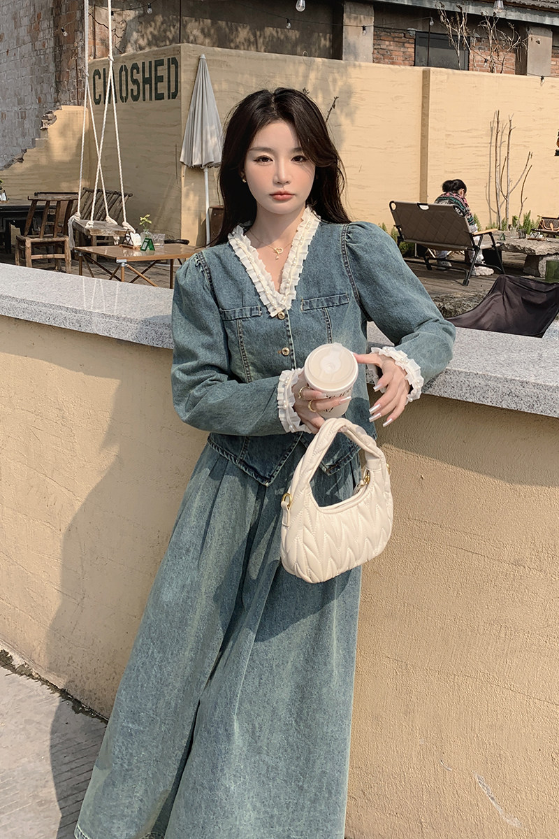 现货新品减龄珍珠花边领牛仔半裙套装F513-P145-K228,女装套装/套裙,2C255