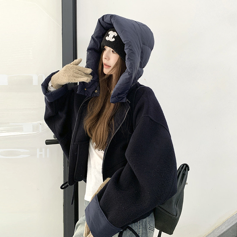 藏青色设计感白鸭绒羽绒内胆呢子外套女冬新款小个子短款加厚毛呢,女装毛呢外套,2C016
