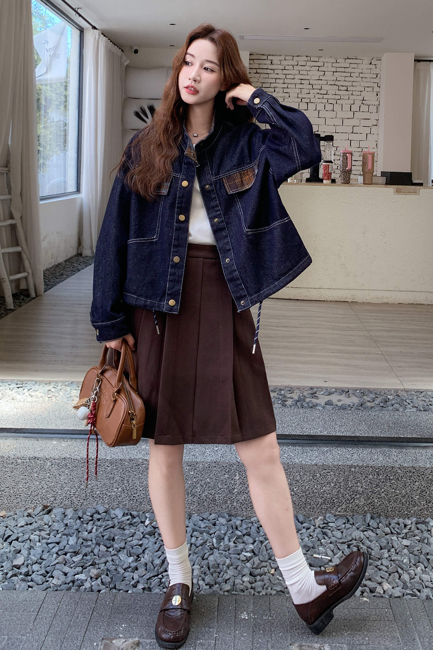 休闲工装格纹拼接牛仔短外套女春秋2025新款巨好看超火百搭高级感,女装短外套,2C306