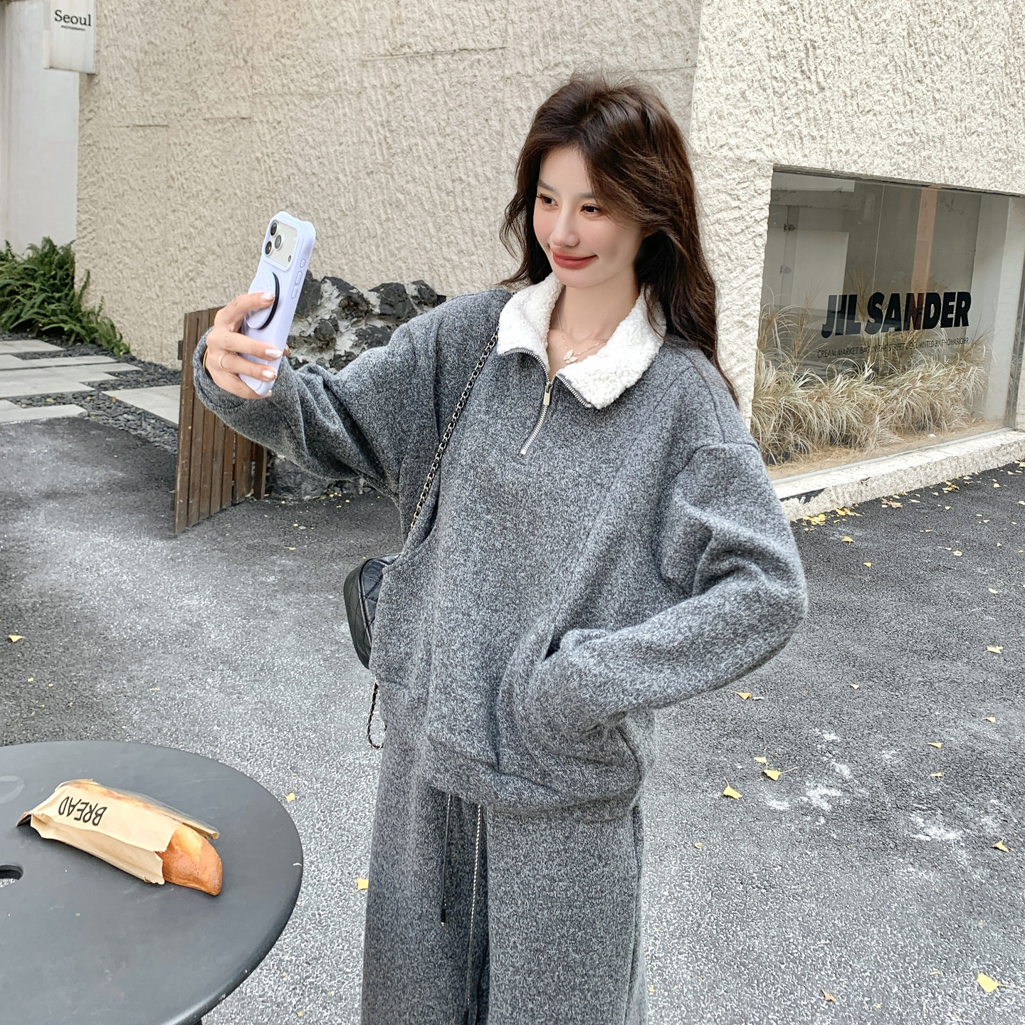 设计感慵懒风灰色加厚卫衣套装女冬季韩系休闲运动保暖加绒两件套,女装套装/套裙,2C166