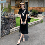 韩系休闲黑色连衣裙女夏2025新款别致立体绣花宽松显瘦直筒t恤裙，女装连衣裙，2C113