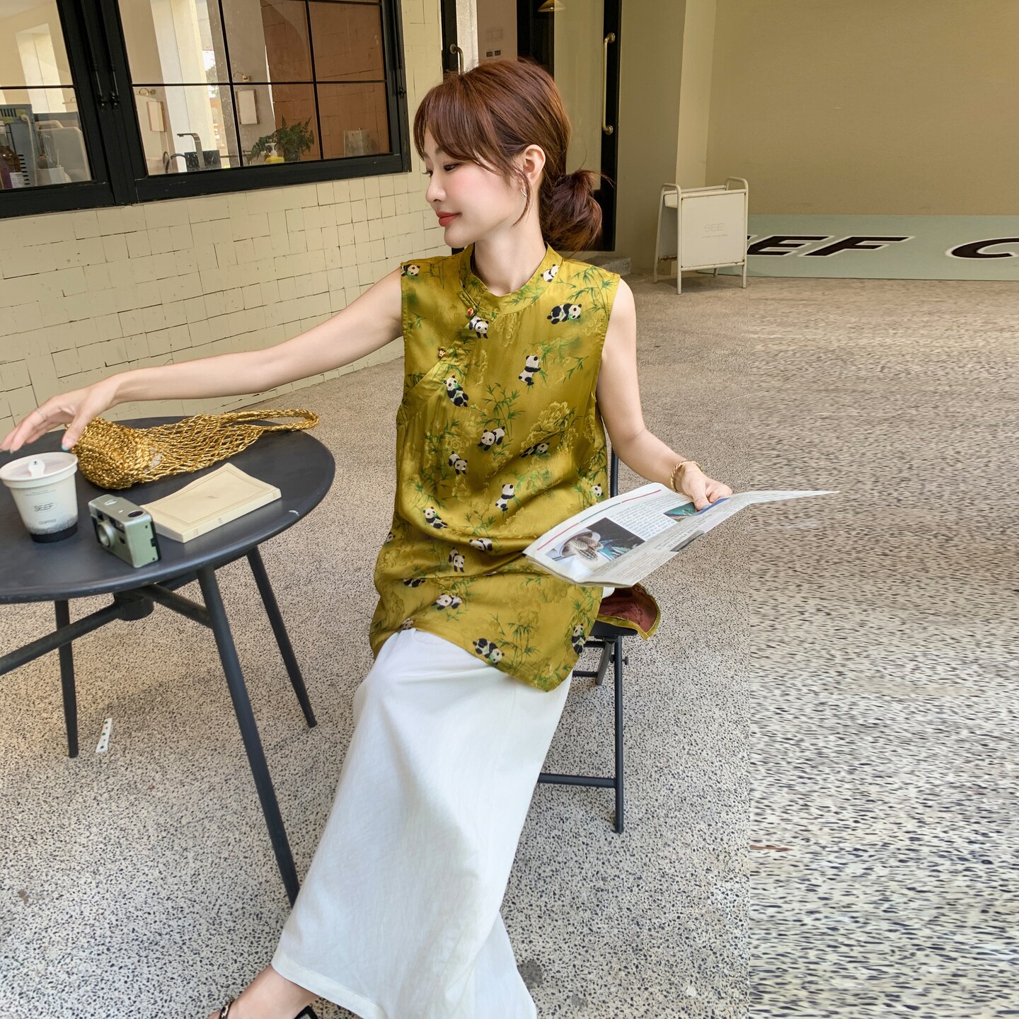 绿色印花熊猫新中式国风衬衫阔腿裤套装女夏无袖背心爆款两件套,女装套装/套裙,2C098