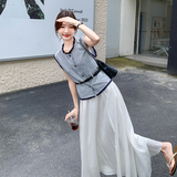 韩系干练气质高级感套装女2025夏季淡人流苏无袖上衣半身裙两件套，女装套装/套裙，2C159