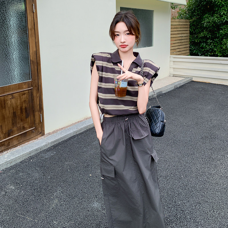 休闲条纹无袖背心套装女2025夏季新款时尚气质显瘦半身裙两件套,女装套装/套裙,2C115