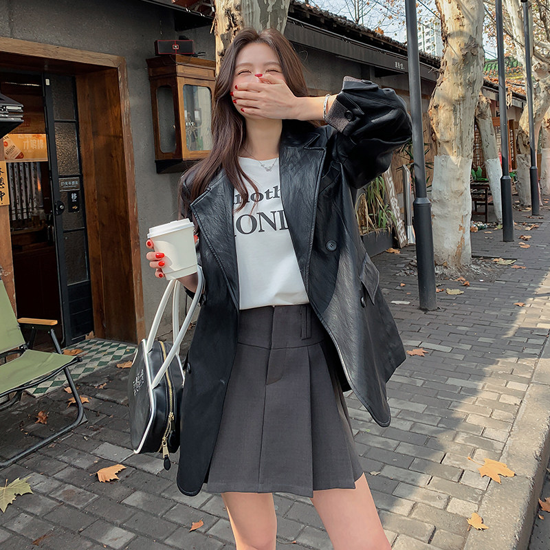 【，现货】中长款黑色PU皮衣外套2C215-P175-K245,女装皮衣,2C215
