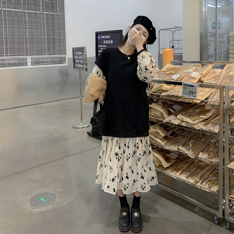 假两件卫衣连衣裙女早春装2025年新款小众设计感宽松碎花拼接长裙,女装连衣裙,2D043