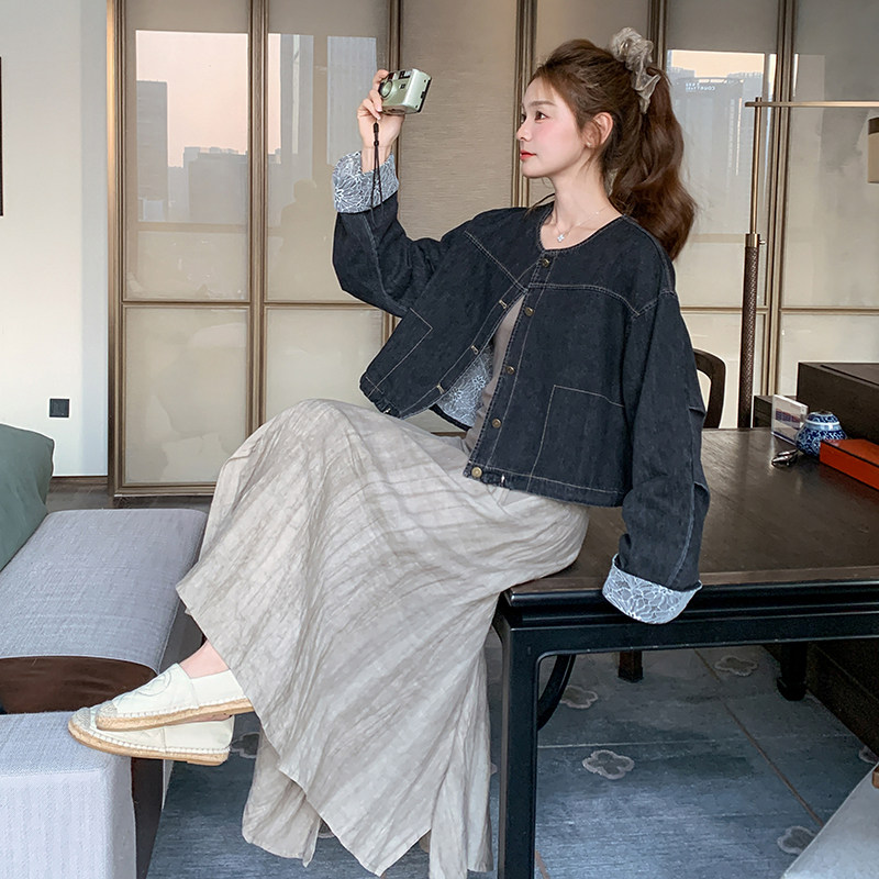 蕾丝拼接短款牛仔外套女春秋2025新款小个子夹克上衣流行爆款气质图片