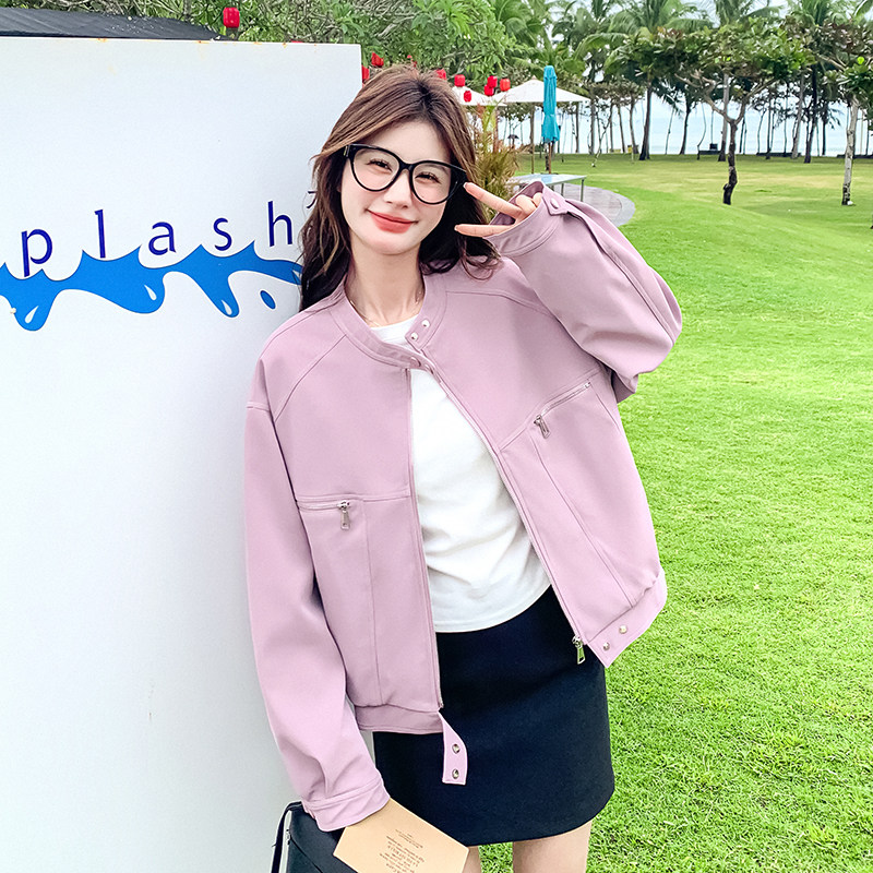 2025新款秋季香芋紫立领短外套女美式复古休闲风百搭工装夹克上衣图片