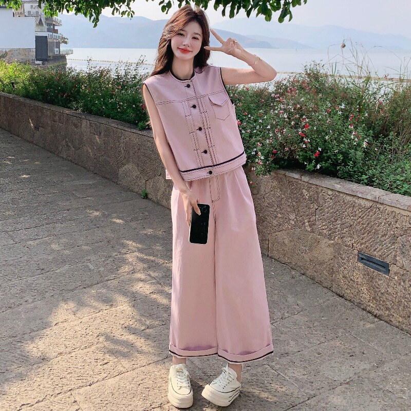 主推！2件套！2025年夏粉色时尚套装牛仔马甲+阔腿裤P175K248,女装套装/套裙,2C320