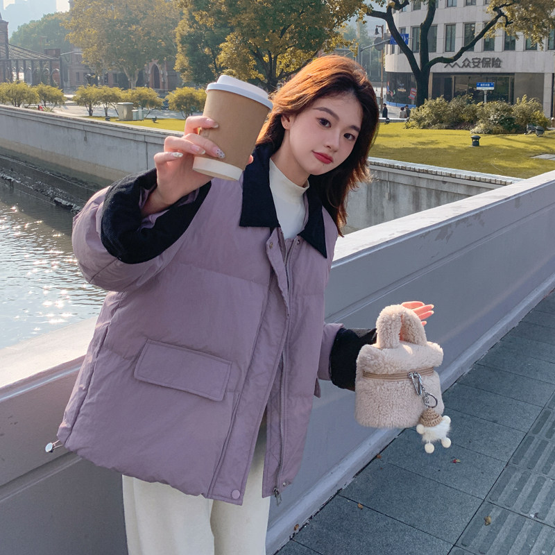 超好看紫色短款羽绒服女冬2024新款设计感拼接撞色加厚白鸭绒外套图片