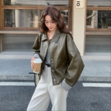 条纹拼接橄榄绿皮衣短外套女春秋2025新款小个子PU夹克爆款高级感，女装短外套，2C177