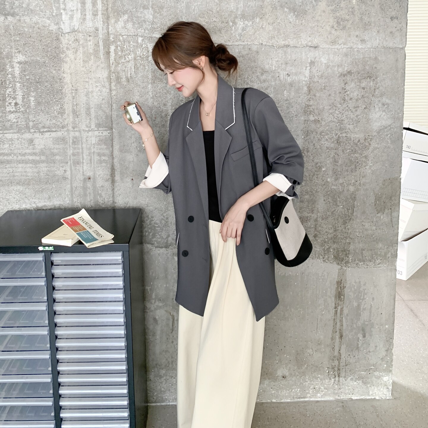 超好数据潮流时尚撞色拼接灰色西装外套2C259-9960-P155-K228,女装西装,2C259