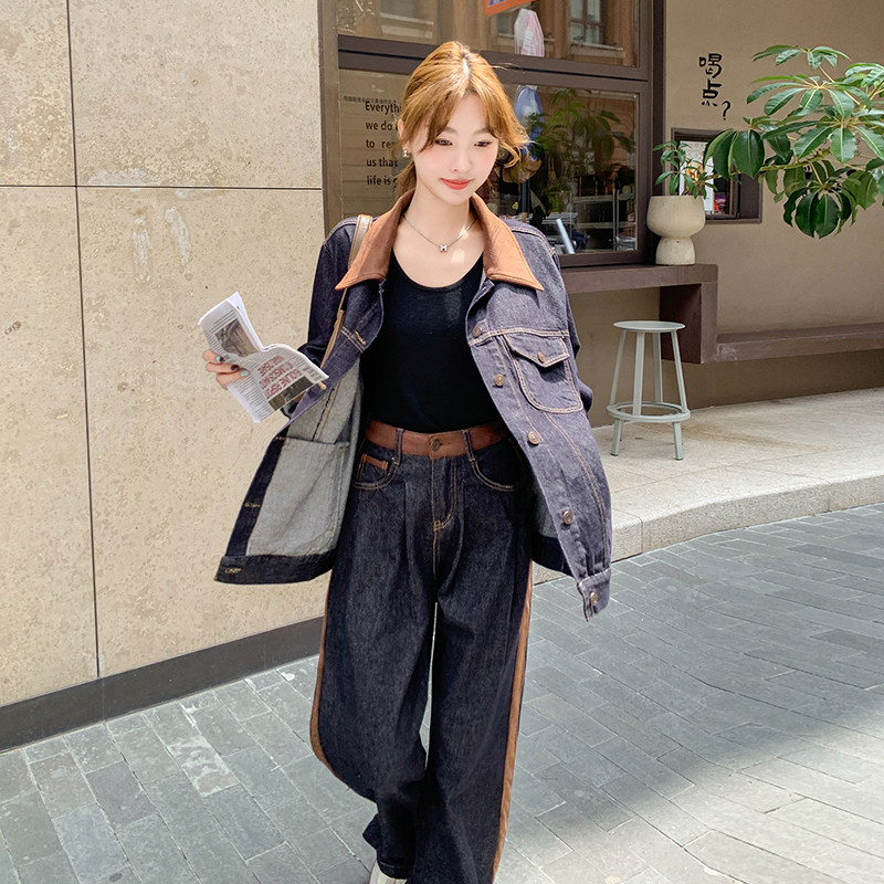 现货：春装新款拼色水洗牛仔上衣＋阔腿裤套装2C135-6816P175K258,女装套装/套裙,2C135