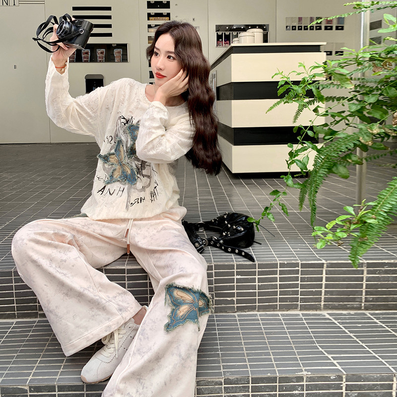 美式复古蝴蝶印花长袖T恤女两件套装2025秋季新款宽松气质休闲裤,女装套装/套裙,2C087