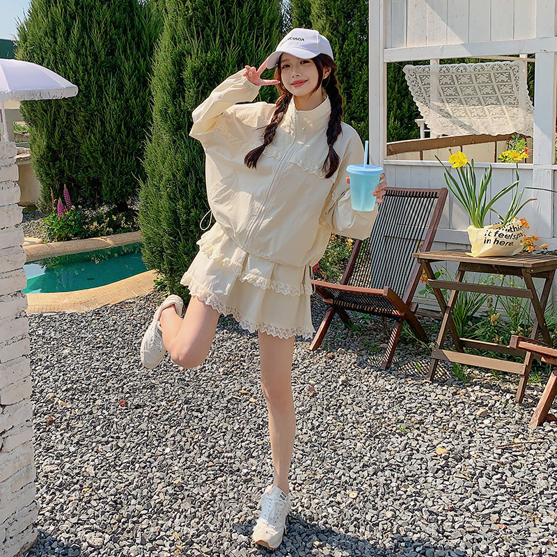 米白色蕾丝拼接套装裙女2025春季新款小个子甜美减龄半身裙两件套,女装套装/套裙,2C159