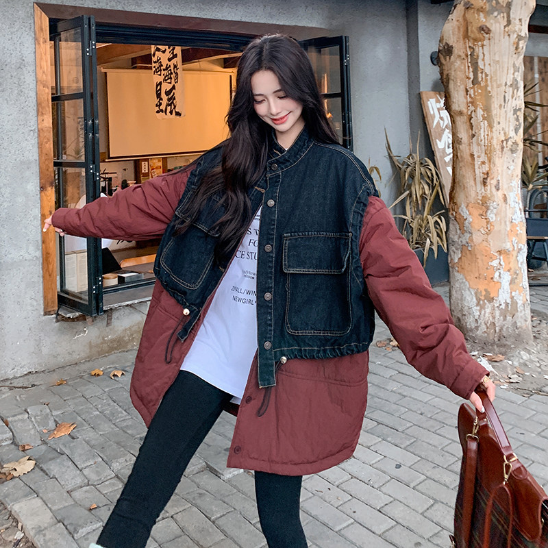 档口现货牛仔拼接安可拉红夹棉棉服假两件套2C233-8859-P205-K289图片