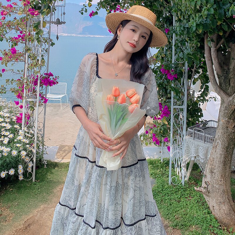 法式温柔系碎花连衣裙女2023夏新款收腰茶歇高级气质度假桔梗长裙,女装连衣裙,2C088