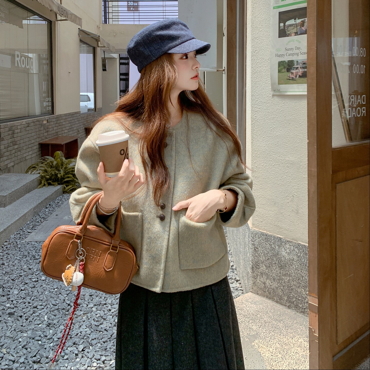 绿色山羊绒双面羊绒大衣毛呢子外套女秋季短款小个子小清新甜美,女装毛呢外套,2D008